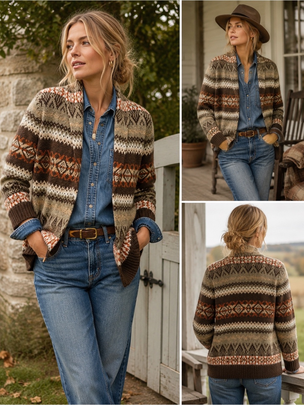 Susan Bristol 100% Wool Fair Isle Open Cardigan Sweater L/G Brown Rust